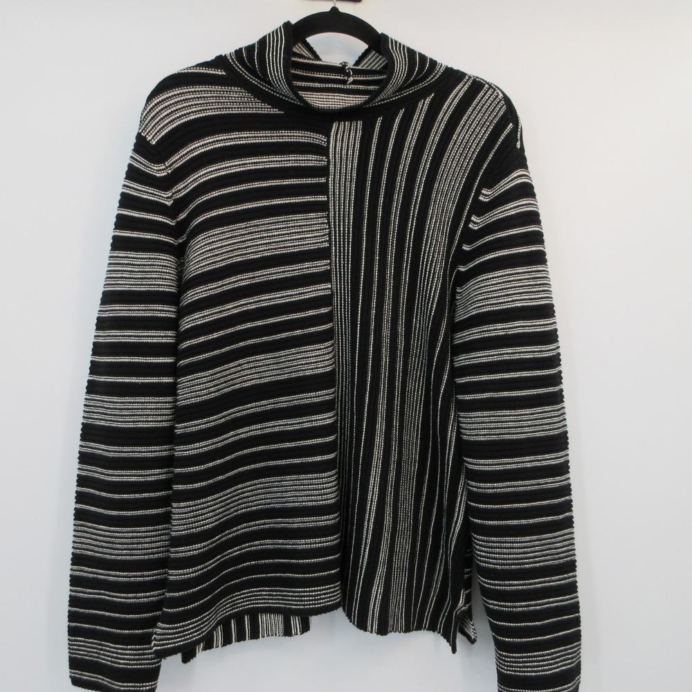 Habitat Black White Striped Funnel Neck Sweater Mixed Ribbed Knit Top 88168 L